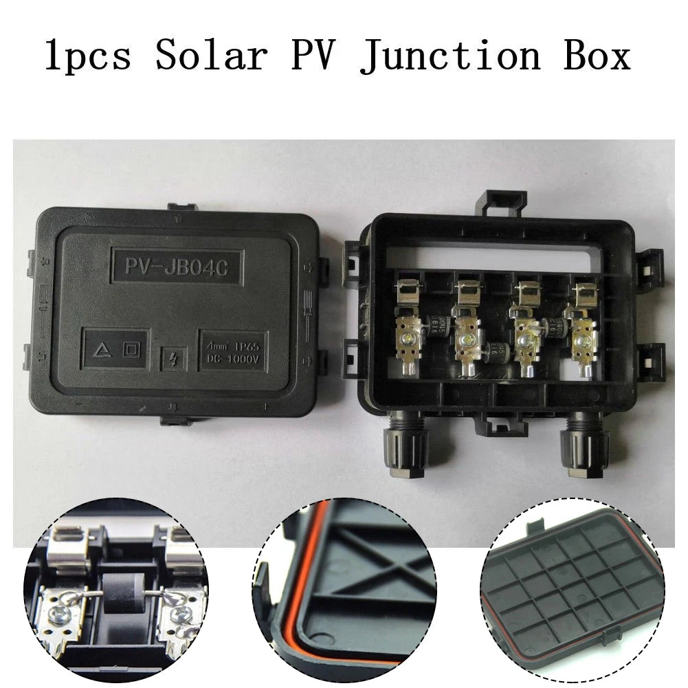 Solar PV Junction Box with detailed views on a white background