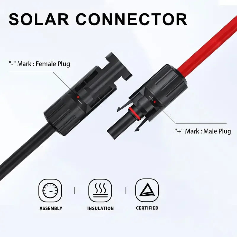 Solar connector cable end fittings shown on a light background with text labels for female plug and male plug, plus icons for assembly, insulation, and certified quality.