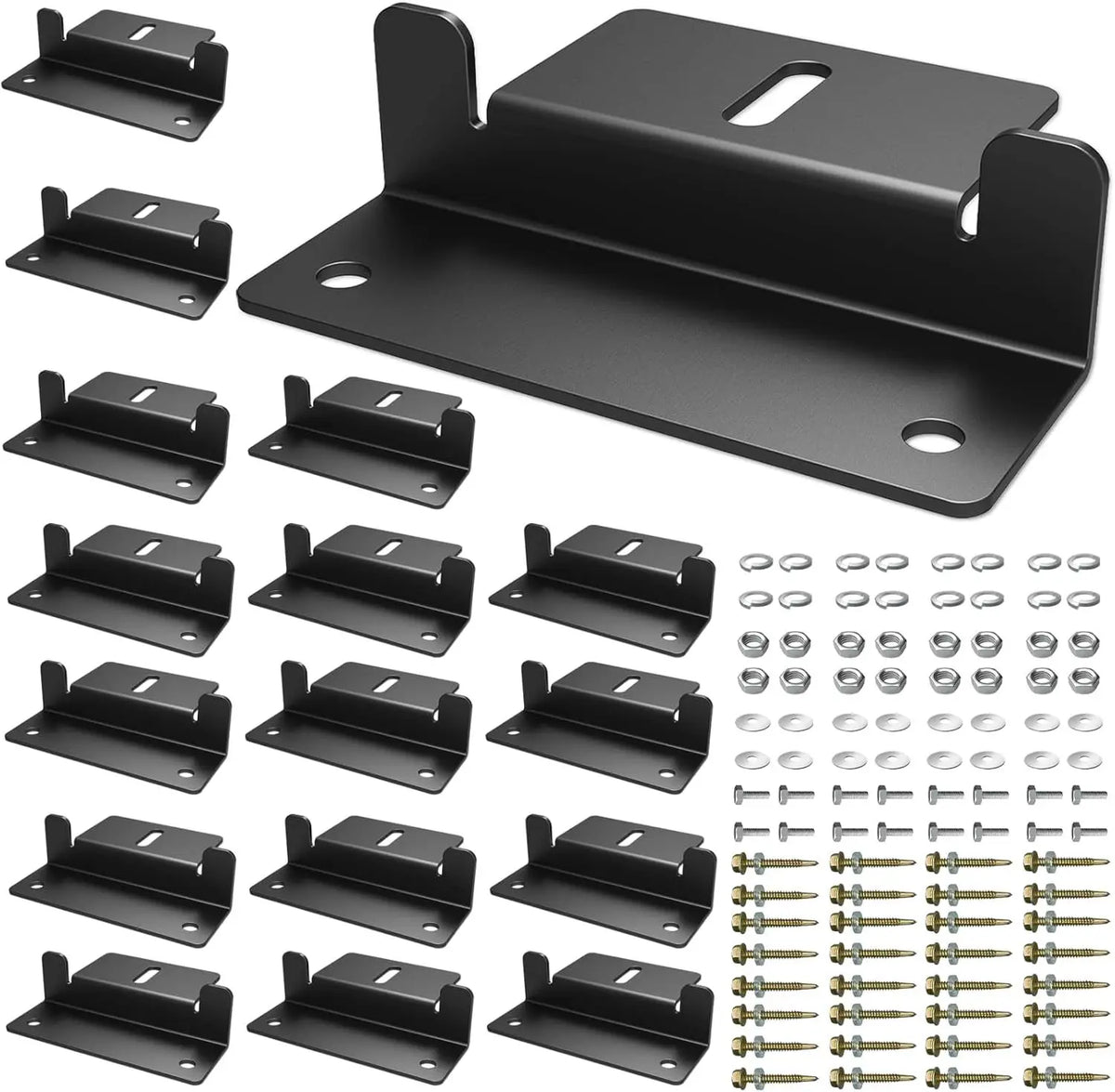 Collection of black metal brackets and screws on a white background