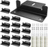 Collection of black metal brackets and screws on a white background