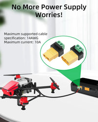 A quadcopter drone connected to a black power supply on a white table, with marketing text reading 'No More Power Supply Worries!' and a circular inset showing yellow and green connector plugs. The image is promotional and explanatory rather than a clean product-only shot.