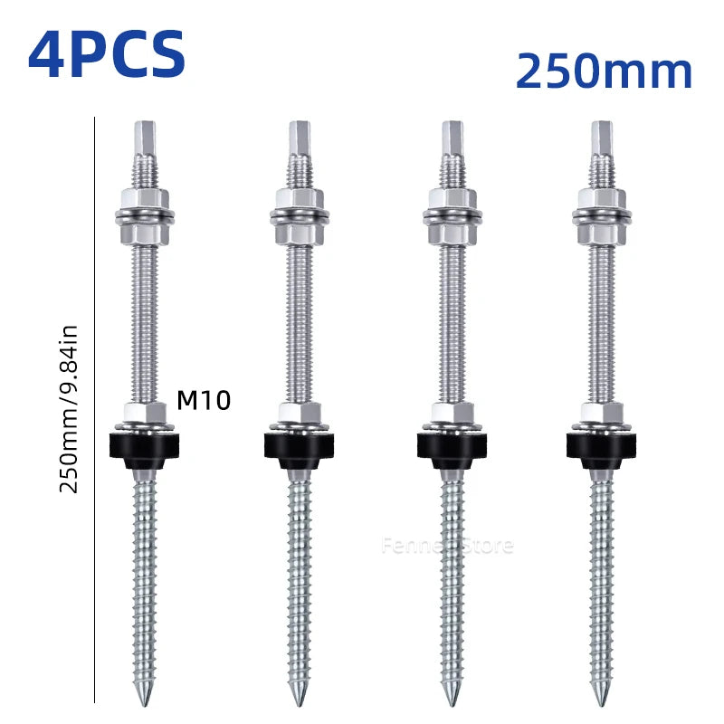 Four silver metal ground screws with nuts and black washers, shown on a white background with text indicating 4 pieces, 250mm length, and M10 size.