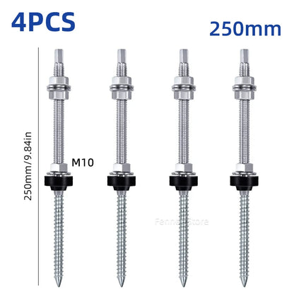 Four silver metal ground screws with nuts and black washers, shown on a white background with text indicating 4 pieces, 250mm length, and M10 size.