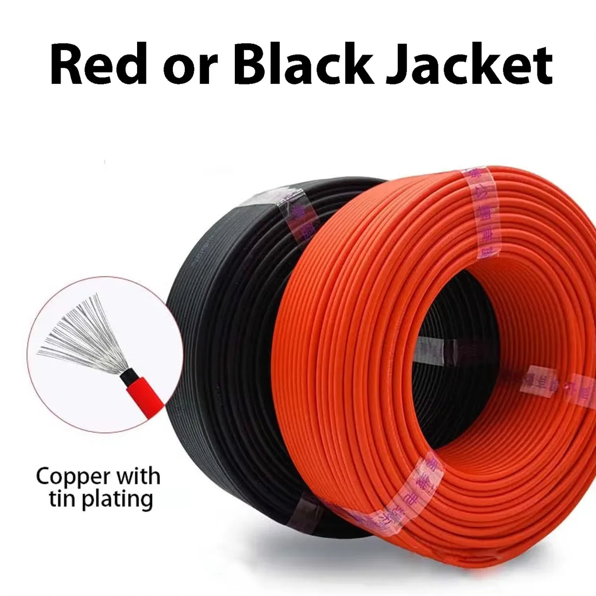 Two rolls of cable, one black and one orange, with a small illustration of a cleaning brush.