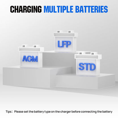 Three battery types labeled AGM, LFP, and STD on a white background with text about charging multiple batteries.