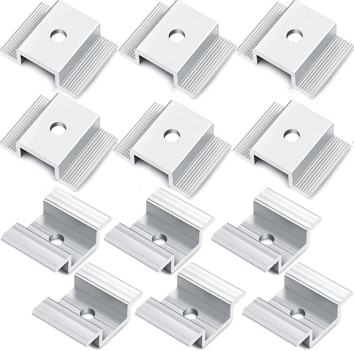 Twelve silver aluminum channel clips arranged in a grid on a plain white background.