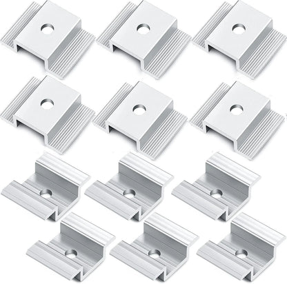 Twelve silver aluminum channel clips arranged in a grid on a plain white background.