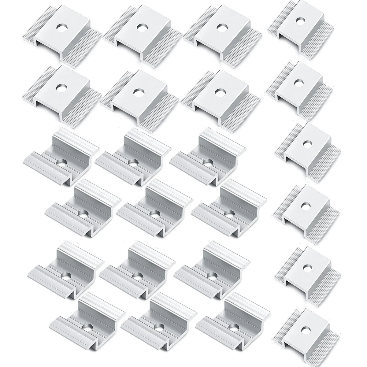 A set of 20 silver aluminum channel clips arranged in a grid on a plain white background.
