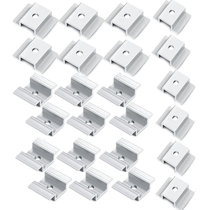 A set of 20 silver aluminum channel clips arranged in a grid on a plain white background.