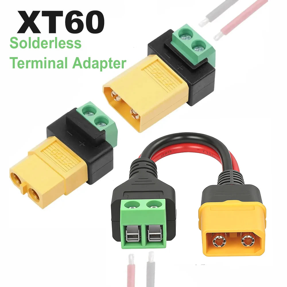 Three XT60 solderless terminal adapters for battery electric vehicles, shown on a white background with text overlay &