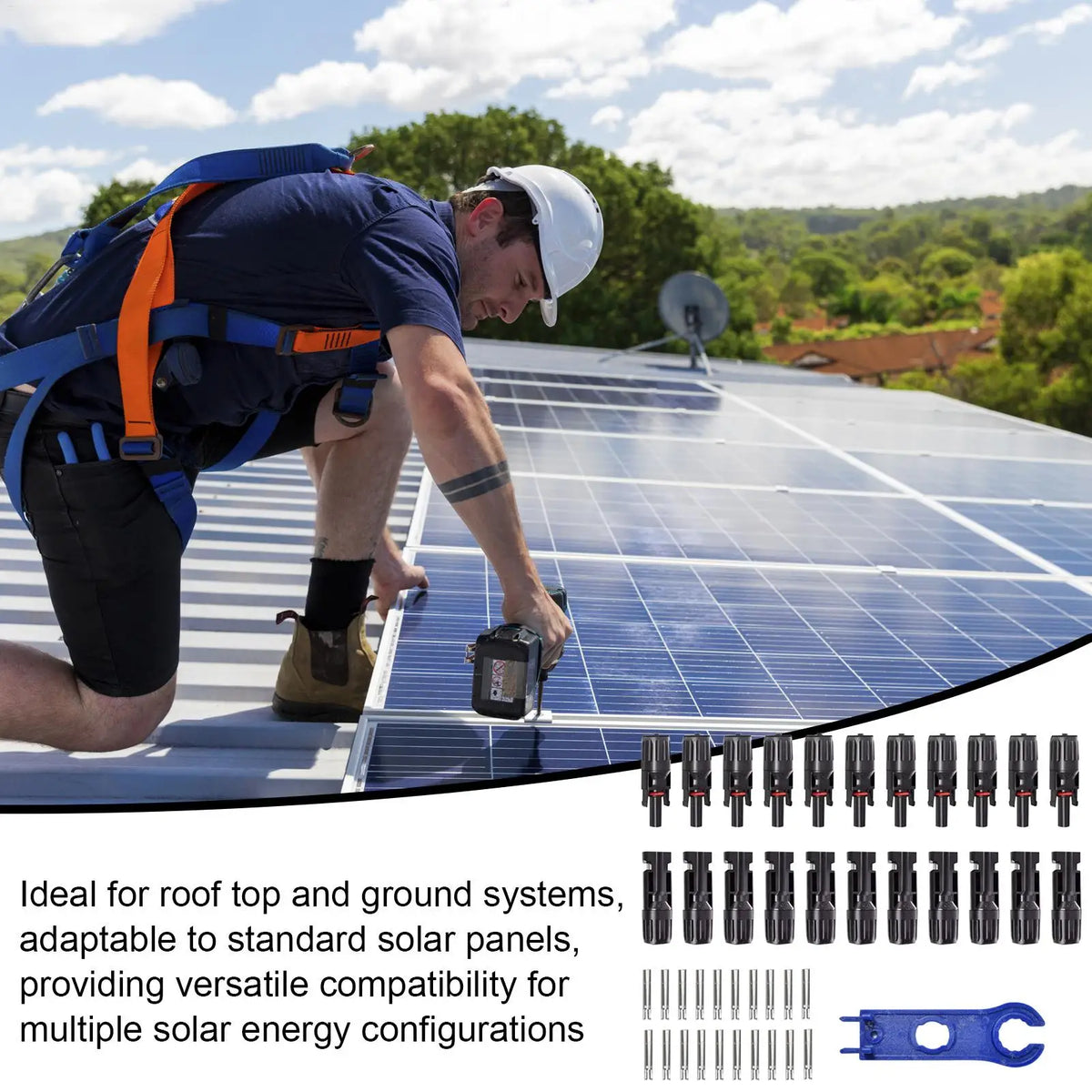 A man in a safety harness and white hard hat installs a solar panel on a metal roof, with a product accessory kit shown at the bottom right including mounting brackets, screws, and a blue wrench. Text below reads: &