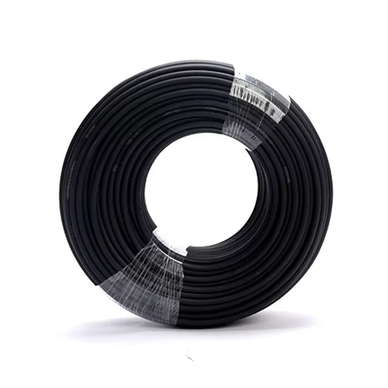 Coiled black cable with a label on a white background