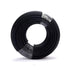 Coiled black cable with a label on a white background