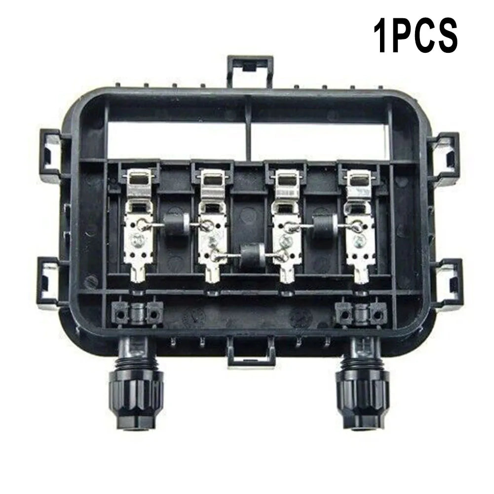 Black electrical junction box with multiple connectors on a white background