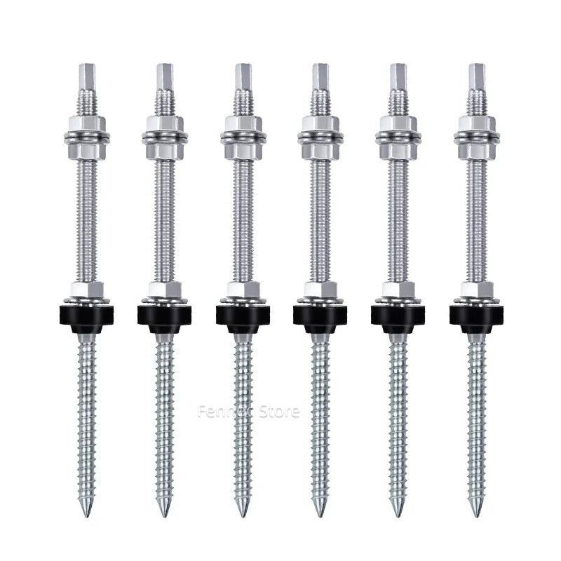 Six silver metal ground screws with black plastic collars, arranged in two rows of three on a plain white background.