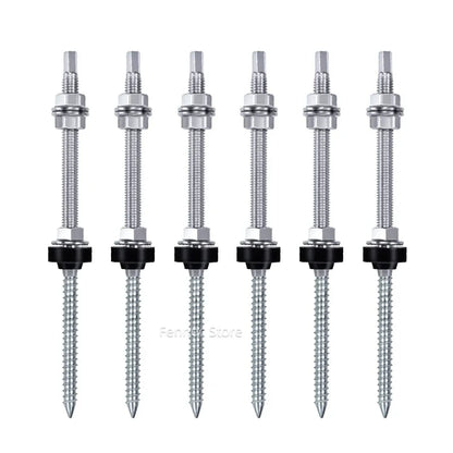 Six silver metal ground screws with black plastic collars, arranged in two rows of three on a plain white background.
