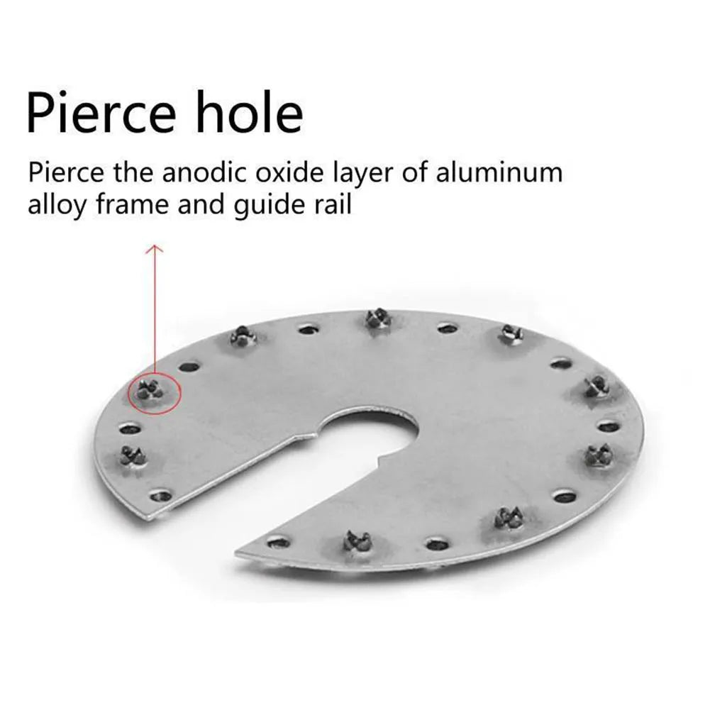 A metal circular plate with a cutout center and multiple screw fasteners, shown on a white background with text explaining how to pierce a hole in an aluminum alloy frame and guide rail.