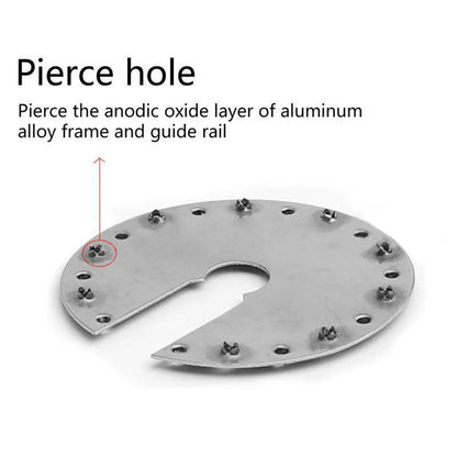 A metal circular plate with a cutout center and multiple screw fasteners, shown on a white background with text explaining how to pierce a hole in an aluminum alloy frame and guide rail.