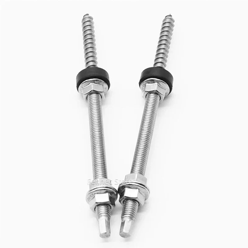 Two metal screws with black rubber washers on a white background