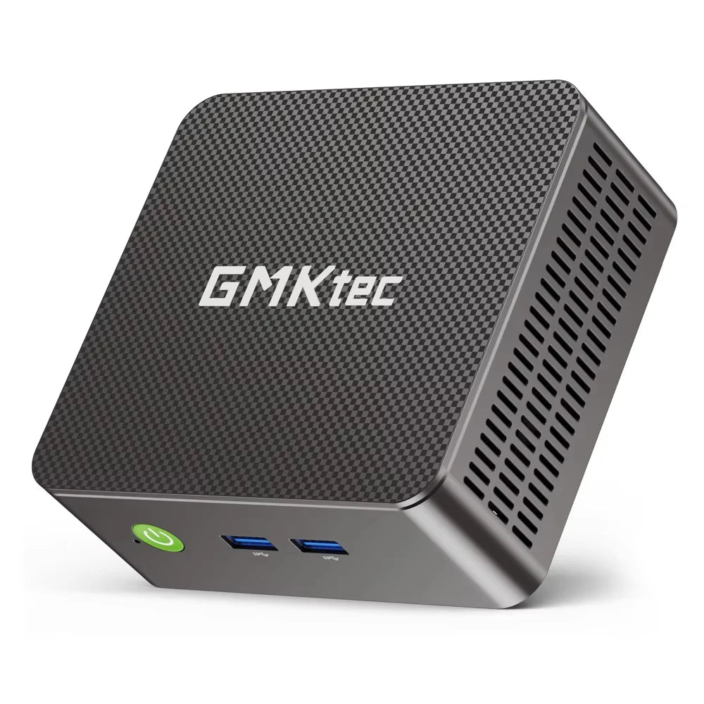 GMKtec NucBox G3S mini PC with textured top, green power button and front USB ports