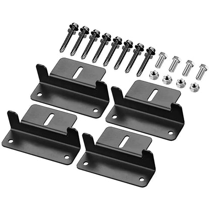 Set of black metal brackets and screws on a white background