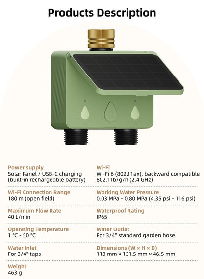 Smart WiFi Solar Sprinkler Timer | 2 - Zone Garden Irrigation Controller with Flow Detection - SunTweet