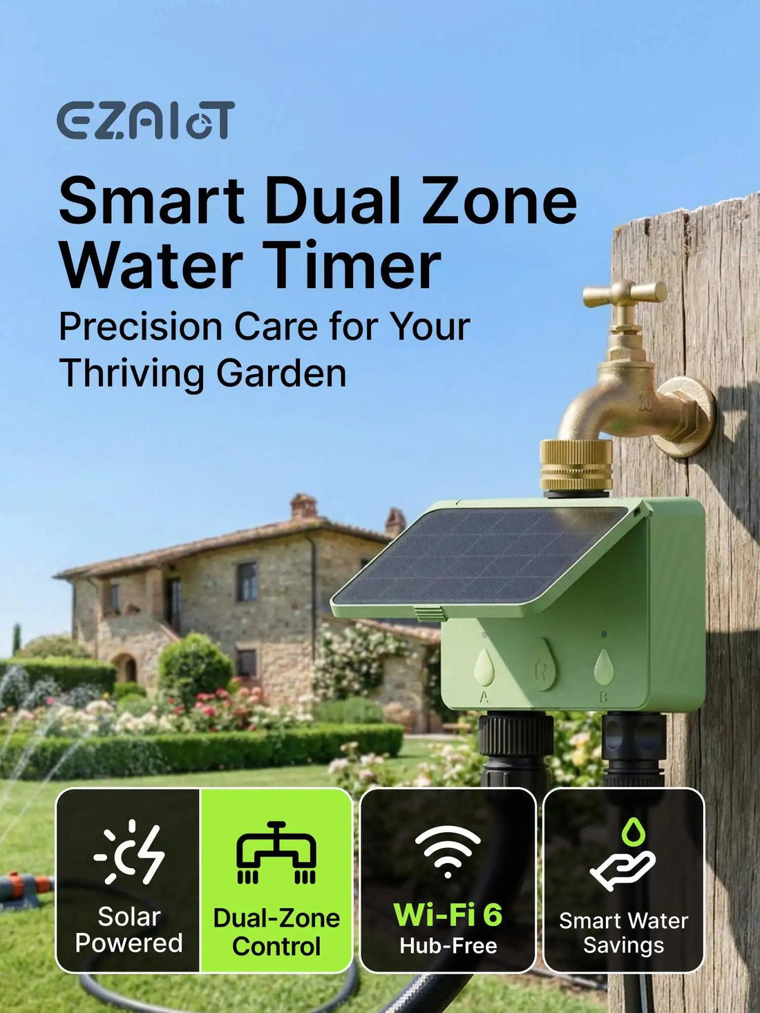 Smart WiFi Solar Sprinkler Timer | 2 - Zone Garden Irrigation Controller with Flow Detection - SunTweet