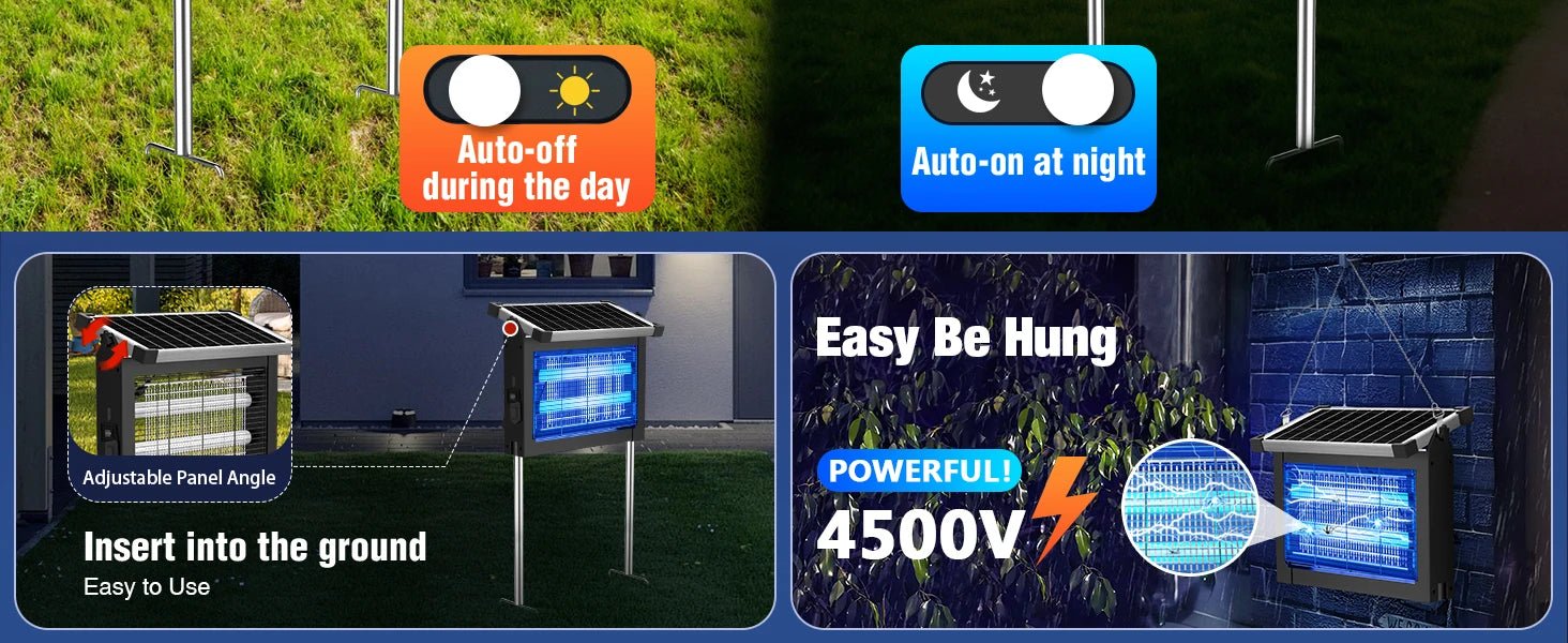 Solar Bug Zapper Outdoor | 4500V Electric Mosquito Zapper with Motion Sensor - SunTweet