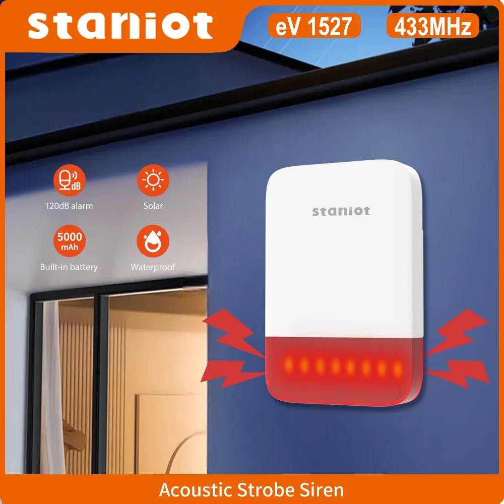 Staniot Wireless Strobe Siren 120dB | Solar Powered Indoor &amp; Outdoor Alarm - SunTweet